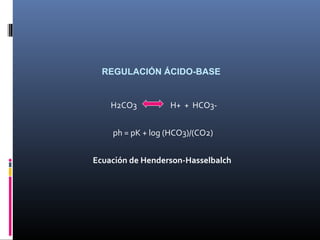 REGULACIÓN ÁCIDO-BASE
H2CO3 H+ + HCO3-
ph = pK + log (HCO3)/(CO2)
Ecuación de Henderson-Hasselbalch
 