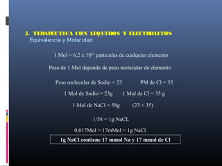 5. TERAPÉUTICA CON LÍQUIDOS Y ELECTROLITOS
Equivalencia y Molaridad
1 Mol = 6,2 x 1023
particulas de cualquier elemento
Peso de 1 Mol depende de peso molecular de elemento
Peso molecular de Sodio = 23 PM de Cl = 35
1 Mol de Sodio = 23g 1 Mol de Cl = 35 g
1 Mol de NaCl = 58g (23 + 35)
1/58 = 1g NaCL
0,017Mol = 17mMol = 1g NaCl
1g NaCl contiene 17 mmol Na y 17 mmol de Cl
 