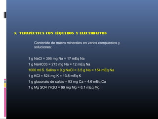 5. TERAPÉUTICA CON LÍQUIDOS Y ELECTROLITOS
Contenido de macro minerales en varios compuestos y
soluciones:
1 g NaCl = 396 mg Na = 17 mEq Na
1 g NaHC03 = 273 mg Na = 12 mEq Na
1000 ml S. Salina = 9 g NaCl = 3.5 g Na = 154 mEq Na
1 g KCl = 524 mg K = 13.5 mEq K
1 g gluconato de calcio = 93 mg Ca = 4.6 mEq Ca
1 g Mg SO4 7H2O = 99 mg Mg = 8.1 mEq Mg
 