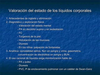 Valoración del estado de los líquidos corporalesValoración del estado de los líquidos corporales
1. Antecedentes de ingesta y eliminación1. Antecedentes de ingesta y eliminación
2. Diagnóstico y exploración física:2. Diagnóstico y exploración física:
- Valoración del estado mental- Valoración del estado mental
- PA en decúbito supino y en sedestación- PA en decúbito supino y en sedestación
- FC- FC
- Turgencia de la piel- Turgencia de la piel
- Hidratación de las mucosas- Hidratación de las mucosas
- Diuresis- Diuresis
- En los niños: palpación de fontanelas- En los niños: palpación de fontanelas
3. Analítica: osmolalidad sérica, Na+ en sangre y orina, gasometría,3. Analítica: osmolalidad sérica, Na+ en sangre y orina, gasometría,
concentración de electrolitos en sangre y BUNconcentración de electrolitos en sangre y BUN
4. El uso racional de líquidos exige monitorización fiable de:4. El uso racional de líquidos exige monitorización fiable de:
- PA y pulso- PA y pulso
- Diuresis- Diuresis
- PVC, P de enclavamiento pulmonar con un catéter de Swan-Ganz- PVC, P de enclavamiento pulmonar con un catéter de Swan-Ganz
 