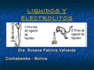 LIQUIDOS Y
ELECTROLITOS
Dra. Roxana Patricia ValverdeDra. Roxana Patricia Valverde
Cochabamba - BoliviaCochabamba - Bolivia
 