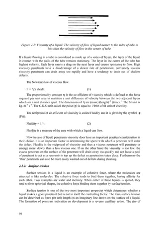 98
Figure 2.2: Viscosity of a liquid. The velocity of flow of liquid nearer to the sides of tube is
less than the velocity of flow in the centre of tube.
If a liquid flowing in a tube is considered as made up of a series of layers, the layer of the liquid
in contact with the walls of the tube remains stationary. The layer in the centre of the tube has
highest velocity. Each layer exerts a drag on the next layer and causes resistance to flow. High
viscosity penetrants have a disadvantage of a slower rate of penetration; conversely too-low
viscosity penetrants can drain away too rapidly and have a tendency to drain out of shallow
defects.
The Newton's law of viscous flow.
F = η S dv/dr. (1)
The proportionality constant η is the co-efficient of viscosity which is defined as the force
required per unit area to maintain a unit difference of velocity between the two adjacent layers
which are a unit distance apart. The dimensions of η are (mass) (length)–1
(time)–1
. The SI unit is
kg. m–1
s–1
. The C.G.S. unit called the poise (p) is equal to 1/10th of SI unit of viscosity.
The reciprocal of co-efficient of viscosity is called Fluidity and it is given by the symbol φ
(Phi).
Fluidity = 1/η (2)
Fluidity is a measure of the ease with which a liquid can flow.
Now in case of liquid penetrants viscosity does have an important practical consideration in
their choice. It is an important factor in determining the speed with which a penetrant will enter
the defect. Fluidity is the reciprocal of viscosity and thus a viscous penetrant will penetrate or
emerge more slowly than a less viscous one. If on the other hand the viscosity is too low, the
excess penetrant on the surface of the penetrant will drain away too quickly and not leave a pool
of penetrant to act as a reservoir to top up the defect as penetration takes place. Furthermore the
‘thin’ penetrants can also be more easily washed out of defects during cleaning.
2.2.2. Surface tension
Surface tension in a liquid is an example of cohesive force, where the molecules are
attracted to like molecules. The cohesive force tends to bind them together, having affinity for
each other. Two examples are water and mercury. When either of these liquids is spilled, they
tend to form spherical shapes, the cohesive force binding them together by surface tension.
Surface tension is one of the two most important properties which determines whether a
liquid makes a good penetrant but is not in itself the controlling factor. The term surface tension
can be described as force per unit length on an imaginary line drawn on the surface of a liquid.
The formation of penetrant indication on development is a reverse capillary action. The rise of
 