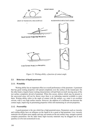 100
Figure 2.3: Wetting ability, a function of contact angle.
2.3. Behaviour of liquid penetrants
2.3.1. Wettability
Wetting ability has an important effect on overall performance of the penetrant. A penetrant
that has good wetting properties will spread completely over the surface of the treated part. On
the other hand, a liquid of poor wetting characteristics will pull back on itself, leaving areas of the
test surface completely devoid of penetrant. When this occurs, defects which may be present in
the uncovered areas will not be shown since there is no indicating material available to enter
them. Wetting ability refers to the angle of contact with the surface, e.g. water is an excellent
solvent, with a very high surface tension. However, the addition of a surfactant can decrease the
contact angle, improving its penetrating properties while still maintaining its solvent properties.
2.3.2. Penetrability
A good penetrant is the one which has a high penetrativeness. Parameters such as viscosity
and wetting ability have an influence on the liquid to be a good or bad penetrant. Low viscosity
materials run off parts more rapidly and may not remain on the test surface long enough to permit
complete penetration. On the other hand, high-viscosity materials may be dragged out in such
quantity as to be non-economical in use.
 