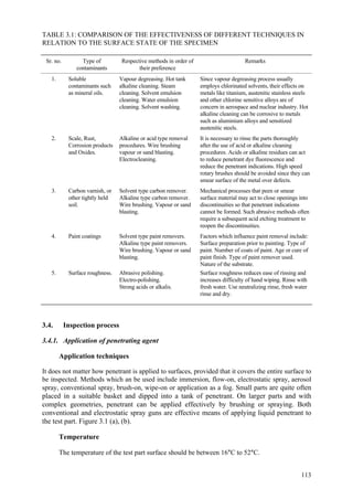 113
TABLE 3.1: COMPARISON OF THE EFFECTIVENESS OF DIFFERENT TECHNIQUES IN
RELATION TO THE SURFACE STATE OF THE SPECIMEN
Sr. no. Type of
contaminants
Respective methods in order of
their preference
Remarks
1. Soluble
contaminants such
as mineral oils.
Vapour degreasing. Hot tank
alkaline cleaning. Steam
cleaning. Solvent emulsion
cleaning. Water emulsion
cleaning. Solvent washing.
Since vapour degreasing process usually
employs chlorinated solvents, their effects on
metals like titanium, austenitic stainless steels
and other chlorine sensitive alloys are of
concern in aerospace and nuclear industry. Hot
alkaline cleaning can be corrosive to metals
such as aluminium alloys and sensitized
austenitic steels.
2. Scale, Rust,
Corrosion products
and Oxides.
Alkaline or acid type removal
procedures. Wire brushing
vapour or sand blasting.
Electrocleaning.
It is necessary to rinse the parts thoroughly
after the use of acid or alkaline cleaning
procedures. Acids or alkaline residues can act
to reduce penetrant dye fluorescence and
reduce the penetrant indications. High speed
rotary brushes should be avoided since they can
smear surface of the metal over defects.
3. Carbon varnish, or
other tightly held
soil.
Solvent type carbon remover.
Alkaline type carbon remover.
Wire brushing. Vapour or sand
blasting.
Mechanical processes that peen or smear
surface material may act to close openings into
discontinuities so that penetrant indications
cannot be formed. Such abrasive methods often
require a subsequent acid etching treatment to
reopen the discontinuities.
4. Paint coatings Solvent type paint removers.
Alkaline type paint removers.
Wire brushing. Vapour or sand
blasting.
Factors which influence paint removal include:
Surface preparation prior to painting. Type of
paint. Number of coats of paint. Age or cure of
paint finish. Type of paint remover used.
Nature of the substrate.
5. Surface roughness. Abrasive polishing.
Electro-polishing.
Strong acids or alkalis.
Surface roughness reduces ease of rinsing and
increases difficulty of hand wiping. Rinse with
fresh water. Use neutralizing rinse, fresh water
rinse and dry.
3.4. Inspection process
3.4.1. Application of penetrating agent
Application techniques
It does not matter how penetrant is applied to surfaces, provided that it covers the entire surface to
be inspected. Methods which an be used include immersion, flow-on, electrostatic spray, aerosol
spray, conventional spray, brush-on, wipe-on or application as a fog. Small parts are quite often
placed in a suitable basket and dipped into a tank of penetrant. On larger parts and with
complex geometries, penetrant can be applied effectively by brushing or spraying. Both
conventional and electrostatic spray guns are effective means of applying liquid penetrant to
the test part. Figure 3.1 (a), (b).
Temperature
The temperature of the test part surface should be between 16°C to 52°C.
 