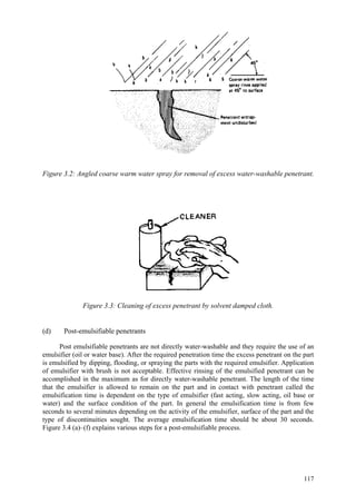 117
Figure 3.2: Angled coarse warm water spray for removal of excess water-washable penetrant.
Figure 3.3: Cleaning of excess penetrant by solvent damped cloth.
(d) Post-emulsifiable penetrants
Post emulsifiable penetrants are not directly water-washable and they require the use of an
emulsifier (oil or water base). After the required penetration time the excess penetrant on the part
is emulsified by dipping, flooding, or spraying the parts with the required emulsifier. Application
of emulsifier with brush is not acceptable. Effective rinsing of the emulsified penetrant can be
accomplished in the maximum as for directly water-washable penetrant. The length of the time
that the emulsifier is allowed to remain on the part and in contact with penetrant called the
emulsification time is dependent on the type of emulsifier (fast acting, slow acting, oil base or
water) and the surface condition of the part. In general the emulsification time is from few
seconds to several minutes depending on the activity of the emulsifier, surface of the part and the
type of discontinuities sought. The average emulsification time should be about 30 seconds.
Figure 3.4 (a)–(f) explains various steps for a post-emulsifiable process.
 