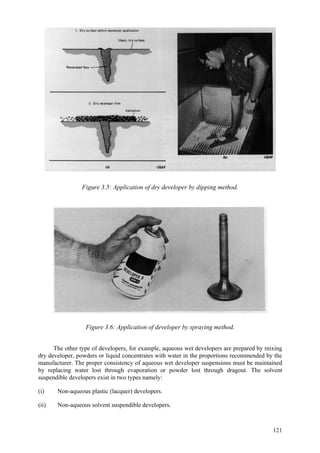 121
Figure 3.5: Application of dry developer by dipping method.
Figure 3.6: Application of developer by spraying method.
The other type of developers, for example, aqueous wet developers are prepared by mixing
dry developer, powders or liquid concentrates with water in the proportions recommended by the
manufacturer. The proper consistency of aqueous wet developer suspensions must be maintained
by replacing water lost through evaporation or powder lost through dragout. The solvent
suspendible developers exist in two types namely:
(i) Non-aqueous plastic (lacquer) developers.
(ii) Non-aqueous solvent suspendible developers.
 