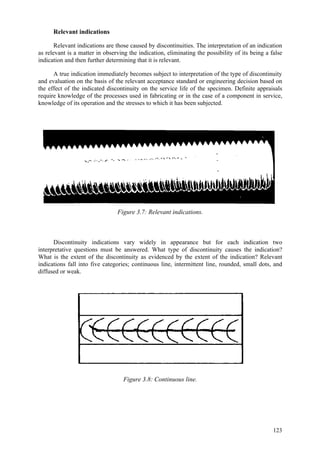 123
Relevant indications
Relevant indications are those caused by discontinuities. The interpretation of an indication
as relevant is a matter in observing the indication, eliminating the possibility of its being a false
indication and then further determining that it is relevant.
A true indication immediately becomes subject to interpretation of the type of discontinuity
and evaluation on the basis of the relevant acceptance standard or engineering decision based on
the effect of the indicated discontinuity on the service life of the specimen. Definite appraisals
require knowledge of the processes used in fabricating or in the case of a component in service,
knowledge of its operation and the stresses to which it has been subjected.
Figure 3.7: Relevant indications.
Discontinuity indications vary widely in appearance but for each indication two
interpretative questions must be answered. What type of discontinuity causes the indication?
What is the extent of the discontinuity as evidenced by the extent of the indication? Relevant
indications fall into five categories; continuous line, intermittent line, rounded, small dots, and
diffused or weak.
Figure 3.8: Continuous line.
 