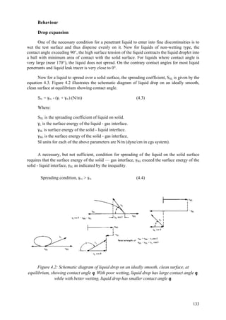 133
Behaviour
Drop expansion
One of the necessary condition for a penetrant liquid to enter into fine discontinuities is to
wet the test surface and thus disperse evenly on it. Now for liquids of non-wetting type, the
contact angle exceeding 90°, the high surface tension of the liquid contracts the liquid droplet into
a ball with minimum area of contact with the solid surface. For liquids where contact angle is
very large (near 170°), the liquid does not spread. On the contrary contact angles for most liquid
penetrants and liquid leak tracer is very close to 0°.
Now for a liquid to spread over a solid surface, the spreading coefficient, SSL is given by the
equation 4.3. Figure 4.2 illustrates the schematic diagram of liquid drop on an ideally smooth,
clean surface at equilibrium showing contact angle.
SSL = γSG - (γL + γSL) (N/m) (4.3)
Where:
SSL is the spreading coefficient of liquid on solid.
γL is the surface energy of the liquid - gas interface.
γSL is surface energy of the solid - liquid interface.
γSG is the surface energy of the solid - gas interface.
SI units for each of the above parameters are N/m (dyne/cm in cgs system).
A necessary, but not sufficient, condition for spreading of the liquid on the solid surface
requires that the surface energy of the solid — gas interface, γSG exceed the surface energy of the
solid - liquid interface, γSL as indicated by the inequality.
Spreading condition, γSG > γSL (4.4)
Figure 4.2: Schematic diagram of liquid drop on an ideally smooth, clean surface, at
equilibrium, showing contact angle θ. With poor wetting, liquid drop has large contact angle θ,
while with better wetting, liquid drop has smaller contact angle θ.
 