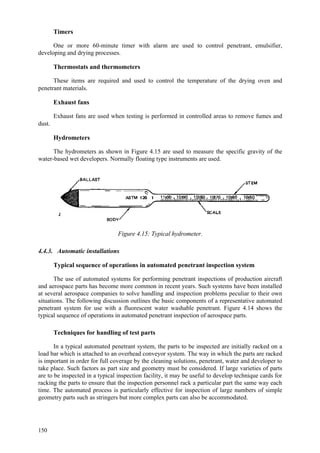 150
Timers
One or more 60-minute timer with alarm are used to control penetrant, emulsifier,
developing and drying processes.
Thermostats and thermometers
These items are required and used to control the temperature of the drying oven and
penetrant materials.
Exhaust fans
Exhaust fans are used when testing is performed in controlled areas to remove fumes and
dust.
Hydrometers
The hydrometers as shown in Figure 4.15 are used to measure the specific gravity of the
water-based wet developers. Normally floating type instruments are used.
Figure 4.15: Typical hydrometer.
4.4.3. Automatic installations
Typical sequence of operations in automated penetrant inspection system
The use of automated systems for performing penetrant inspections of production aircraft
and aerospace parts has become more common in recent years. Such systems have been installed
at several aerospace companies to solve handling and inspection problems peculiar to their own
situations. The following discussion outlines the basic components of a representative automated
penetrant system for use with a fluorescent water washable penetrant. Figure 4.14 shows the
typical sequence of operations in automated penetrant inspection of aerospace parts.
Techniques for handling of test parts
In a typical automated penetrant system, the parts to be inspected are initially racked on a
load bar which is attached to an overhead conveyor system. The way in which the parts are racked
is important in order for full coverage by the cleaning solutions, penetrant, water and developer to
take place. Such factors as part size and geometry must be considered. If large varieties of parts
are to be inspected in a typical inspection facility, it may be useful to develop technique cards for
racking the parts to ensure that the inspection personnel rack a particular part the same way each
time. The automated process is particularly effective for inspection of large numbers of simple
geometry parts such as stringers but more complex parts can also be accommodated.
 