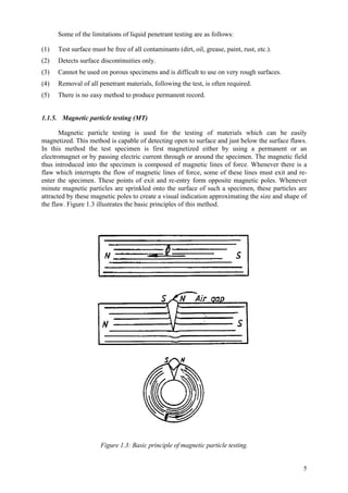 5
Some of the limitations of liquid penetrant testing are as follows:
(1) Test surface must be free of all contaminants (dirt, oil, grease, paint, rust, etc.).
(2) Detects surface discontinuities only.
(3) Cannot be used on porous specimens and is difficult to use on very rough surfaces.
(4) Removal of all penetrant materials, following the test, is often required.
(5) There is no easy method to produce permanent record.
1.1.5. Magnetic particle testing (MT)
Magnetic particle testing is used for the testing of materials which can be easily
magnetized. This method is capable of detecting open to surface and just below the surface flaws.
In this method the test specimen is first magnetized either by using a permanent or an
electromagnet or by passing electric current through or around the specimen. The magnetic field
thus introduced into the specimen is composed of magnetic lines of force. Whenever there is a
flaw which interrupts the flow of magnetic lines of force, some of these lines must exit and re-
enter the specimen. These points of exit and re-entry form opposite magnetic poles. Whenever
minute magnetic particles are sprinkled onto the surface of such a specimen, these particles are
attracted by these magnetic poles to create a visual indication approximating the size and shape of
the flaw. Figure 1.3 illustrates the basic principles of this method.
Figure 1.3: Basic principle of magnetic particle testing.
 