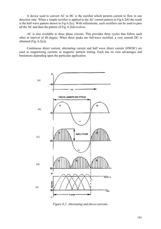 181
A device used to convert AC to DC is the rectifier which permits current to flow in one
direction only. When a simple rectifier is applied to the AC current pattern in Fig 6.2(b) the result
is the half wave pattern shown in Fig 6.2(c). With refinements, such rectifiers can be used to pass
all the AC and then the pattern of Fig. 6.2(d) evolves.
AC is also available in three phase circuits. This provides three cycles that follow each
other at interval of 60 degree. When these peaks are full-wave rectified, a very smooth DC is
obtained (Fig. 6.2(e)).
Continuous direct current, alternating current and half wave direct current (HWDC) are
used as magnetizing currents in magnetic particle testing. Each has its own advantages and
limitations depending upon the particular application.
Figure 6.2: Alternating and direct currents.
(a)
(b)
(c)
(d)
(e)
 