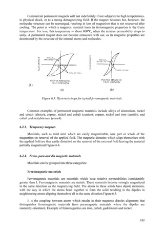 183
Commercial permanent magnets will last indefinitely if not subjected to high temperatures,
to physical shock, or to a strong demagnetizing field. If the magnet becomes hot, however, the
molecular structure can be rearranged, resulting in loss of magnetism that is not recovered after
cooling. The point at which a magnetic material loses its ferromagnetic properties is the Curie
temperature. For iron, this temperature is about 800°C, when the relative permeability drops to
unity. A permanent magnet does not become exhausted with use, as its magnetic properties are
determined by the structure of the internal atoms and molecules.
(1)
(a) (b)
Figure 6.3: Hysteresis loops for typical ferromagnetic materials.
Common examples of permanent magnetic materials include alloys of aluminium, nickel
and cobalt (alnico); copper, nickel and cobalt (cunico); copper, nickel and iron (cunife); and
cobalt and molybdenum (comol).
6.2.3. Temporary magnets
Materials, such as mild steel which are easily magnetizable, lose part or whole of the
magnetism on removal of the applied field. The magnetic domains which align themselves with
the applied field are thus easily disturbed on the removal of the external field leaving the material
partially magnetized Figure 6.4.
6.2.4. Ferro, para and dia magnetic materials
Materials can be grouped into three categories:
Ferromagnetic materials
Ferromagnetic materials are materials which have relative permeabilities considerably
greater than 1. Ferromagnetic materials are metals. These materials become strongly magnetized
in the same direction as the magnetizing field. The atoms in these solids have dipole moments,
with the way in which the atoms bond together to form the solid resulting in the dipoles in
neighbouring atoms aligning themselves all in the same direction Figure 6.5.
It is the coupling between atoms which results in their magnetic dipoles alignment that
distinguishes ferromagnetic materials from paramagnetic materials where the dipoles are
randomly orientated. Example of ferromagnetics are iron, cobalt, gadolinium and nickel.
 