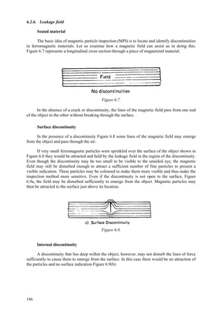 186
6.2.6. Leakage field
Sound material
The basic idea of magnetic particle inspection (MPI) is to locate and identify discontinuities
in ferromagnetic materials. Let us examine how a magnetic field can assist us in doing this.
Figure 6.7 represents a longitudinal cross section through a piece of magnetized material.
Figure 6.7.
In the absence of a crack or discontinuity, the lines of the magnetic field pass from one end
of the object to the other without breaking through the surface.
Surface discontinuity
In the presence of a discontinuity Figure 6.8 some lines of the magnetic field may emerge
from the object and pass through the air.
If very small ferromagnetic particles were sprinkled over the surface of the object shown in
Figure 6.8 they would be attracted and held by the leakage field in the region of the discontinuity.
Even though the discontinuity may be too small to be visible to the unaided eye, the magnetic
field may still be disturbed enough to attract a sufficient number of fine particles to present a
visible indication. These particles may be coloured to make them more visible and thus make the
inspection method more sensitive. Even if the discontinuity is not open to the surface, Figure
6.9a, the field may be disturbed sufficiently to emerge from the object. Magnetic particles may
then be attracted to the surface just above its location.
Figure 6.8.
Internal discontinuity
A discontinuity that lies deep within the object, however, may not disturb the lines of force
sufficiently to cause them to emerge from the surface. In this case there would be no attraction of
the particles and no surface indication Figure 6.9(b).
 