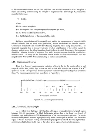 199
to the current flow direction and the field direction. This is known as the Hall effect and gives a
means of detecting and measuring the strength of magnetic fields. The voltage, V, produced is
given by the formula:
V = R I H/t (12)
where
I is the current is amperes,
H is the magnetic field strength expressed as amperes per metre,
t is the thickness of the plate in metres,
R is the Hall coefficient of the material of the plate.
Different materials have different coefficients and for the measurement of magnetic fields
suitable elements can be made from germanium, indium antimonide and indium arsenide.
Commercial instruments are available for checking magnetic fields using this principle. The
tangential magnetic field is measured directly or after amplification of the output signal. In
choosing an instrument the following points should be borne in mind. The scale of the instrument
should be calibrated in units of magnetic field and a standard magnet should be provided for
standardization. The range of the instrument should provide accurate measurements over the
range from 80 A/m to 8000 A/m for alternating as well as constant fields.
6.13. Electromagnetic waves
Light is a form of electromagnetic radiations which is due to the moving electric and
magnetic fields. The visible light consist of such waves with frequencies between 3 × 1012
cycles/sec and 8 × 1012
cycles/sec. Human eye cannot respond to frequencies higher or lower than
these. The electromagnetic spectrum is as shown in Figure 6.24.
Wavelength in nanometres
Figure 6.24: Electromagnetic spectrum.
6.13.1. Visible and ultraviolet light
As is evident from the Figure 6.24 the ultraviolet region is located in the wave length region
between 200–400 nanometre. The black light region chosen lies in the lower wavelength of
ultraviolet light and is between 320–400 nm region of the electromagnetic spectrum. The eye is
relatively unresponsive to black light particularly when visible light is present. The functional
aspect is that the fluorescent coating on the ferromagnetic particles absorb the black light and re-
emit the absorbed light as visible light in the yellow green region of visible light spectrum.
 