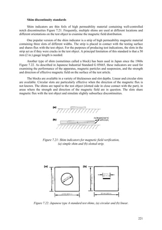 221
Shim discontinuity standards
Shim indicators are thin foils of high permeability material containing well-controlled
notch discontinuities Figure 7.21. Frequently, multiple shims are used at different locations and
different orientations on the test object to examine the magnetic field distribution.
One popular version of the shim indicator is a strip of high permeability magnetic material
containing three slots of different widths. The strip is placed in contact with the testing surface
and shares flux with the test object. For the purposes of producing test indications, the slots in the
strip act as if they were cracks in the test object. A principal limitation of this standard is that a 50
mm (2 in.) gauge length is needed.
Another type of shim (sometimes called a block) has been used in Japan since the 1960s
Figure 7.22. As described in Japanese Industrial Standard G 05665, these indicators are used for
examining the performance of the apparatus, magnetic particles and suspension, and the strength
and direction of effective magnetic field on the surface of the test article.
The blocks are available in a variety of thicknesses and slot depths. Linear and circular slots
are available. Circular slots are particularly effective when the direction of the magnetic flux is
not known. The shims are taped to the test object (slotted side in close contact with the part), in
areas where the strength and direction of the magnetic field are in question. The slots share
magnetic flux with the test object and simulate slightly subsurface discontinuities.
Figure 7.21: Shim indicators for magnetic field verification,
(a) simple shim and (b) slotted strip.
Figure 7.22: Japanese type A standard test shims, (a) circular and (b) linear.
 