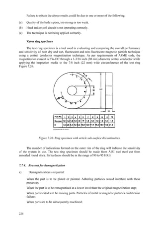 224
Failure to obtain the above results could be due to one or more of the following.
(a) Quality of the bath is poor, too strong or too weak.
(b) Head and/or coil circuit is not operating correctly.
(c) The technique is not being applied correctly.
Ketos ring specimen
The test ring specimen is a tool used in evaluating and comparing the overall performance
and sensitivity of both dry and wet, fluorescent and non-fluorescent magnetic particle technique
using a central conductor magnetization technique. As per requirements of ASME code, the
magnetization current is FW-DC through a 1-3/16 inch (30 mm) diameter central conductor while
applying the inspection media to the 7/8 inch (22 mm) wide circumference of the test ring
Figure 7.26.
Figure 7.26: Ring specimen with article sub-surface discontinuities.
The number of indications formed on the outer rim of the ring will indicate the sensitivity
of the system in use. The test ring specimen should be made from AISI tool steel cut from
annealed round stock. Its hardness should be in the range of 90 to 95 HRB.
7.7.4. Reasons for demagnetization
a) Demagnetization is required:
 When the part is to be plated or painted. Adhering particles would interfere with these
processes;
 When the part is to be remagnetized at a lower level than the original magnetization step;
 When parts tested will be moving parts. Particles of metal or magnetic particles could cause
failure;
 When parts are to be subsequently machined;
 