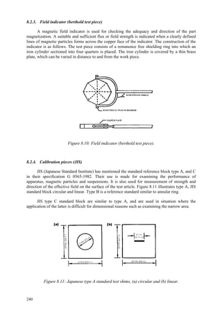 240
8.2.3. Field indicator (berthold test piece)
A magnetic field indicator is used for checking the adequacy and direction of the part
magnetization. A suitable and sufficient flux or field strength is indicated when a clearly defined
lines of magnetic particles forms across the copper face of the indicator. The construction of the
indicator is as follows. The test piece consists of a remanence free shielding ring into which an
iron cylinder sectioned into four quarters is placed. The iron cylinder is covered by a thin brass
plate, which can be varied in distance to and from the work piece.
Figure 8.10: Field indicator (berthold test piece).
8.2.4. Calibration pieces (JIS)
JIS (Japanese Standard Institute) has mentioned the standard reference block type A, and C
in their specification G 0565-1982. Their use is made for examining the performance of
apparatus, magnetic particles and suspensions. It is also used for measurement of strength and
direction of the effective field on the surface of the test article. Figure 8.11 illustrates type A, JIS
standard block circular and linear. Type B is a reference standard similar to annular ring.
JIS type C standard block are similar to type A, and are used in situation where the
application of the latter is difficult for dimensional reasons such as examining the narrow area.
Figure 8.11: Japanese type A standard test shims, (a) circular and (b) linear.
 