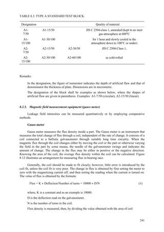 241
TABLE 8.3: TYPE A STANDARD TEST BLOCK.
Designation Quality of material
A1-
7/50
A1-15/50 JIS C 2504-class 1, annealed (kept in an inert
gas atmosphere at 600°C
A1-
15/100
A1-30/100 for 1 hour and slowly cooled in the
atmosphere down to 100°C or under)
A2-
7/50
A2-15/50 A2-30/50 JIS C 2504-Class 1,
A2-
15/100
A2-30/100 A2-60/100 as cold-rolled
Remarks:
 In the designation, the figure of numerator indicates the depth of artificial flaw and that of
denominator the thickness of plate. Dimensions are in micrometre.
 The designation of the block shall be examples as shown below, where the shapes of
artificial flaw are given in parenthesis. Examples: A1-7/50 (circular), A2-15/50 (linear).
8.2.5. Magnetic field measurement equipment (gauss meter)
Leakage field intensities can be measured quantitatively or by employing comparative
methods.
Gauss meter
Gauss meter measures the flux density inside a part. The Gauss meter is an instrument that
measures the total change of flux through a coil, independent of the rate of change. It consists of a
coil connected to a ballistic galvanometer through suitable long time circuitry. When the
magnetic flux through the coil changes either by moving the coil or the part or otherwise varying
the field in the part by some means, the needle of the galvanometer swings and indicates the
amount of change. The change in the flux may be either in positive or the negative direction.
Knowing the area of the coil, the average flux density within the coil can be calculated. Figure
8.12 illustrates an arrangement for measuring flux in bearing race.
Generally, the coil should be made to fit closely; however, little error is introduced by the
coil fit, unless the coil fit is very poor. The change in flux is obtained by first setting the meter to
zero with the magnetizing current off, and then noting the reading when the current is turned on.
The value of flux is obtained by the formula:
Flux = K × Deflection/Number of turns = 10000 × D/N (1)
where, K is a constant and as an example is 10000.
D is the deflection read on the galvanometer.
N is the number of turns in the coil.
Flux density is measured, then, by dividing the value obtained with the area of coil.
 
