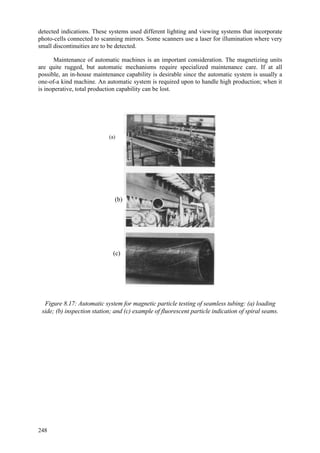 248
detected indications. These systems used different lighting and viewing systems that incorporate
photo-cells connected to scanning mirrors. Some scanners use a laser for illumination where very
small discontinuities are to be detected.
Maintenance of automatic machines is an important consideration. The magnetizing units
are quite rugged, but automatic mechanisms require specialized maintenance care. If at all
possible, an in-house maintenance capability is desirable since the automatic system is usually a
one-of-a kind machine. An automatic system is required upon to handle high production; when it
is inoperative, total production capability can be lost.
Figure 8.17: Automatic system for magnetic particle testing of seamless tubing: (a) loading
side; (b) inspection station; and (c) example of fluorescent particle indication of spiral seams.
(a)
(b)
(c)
 