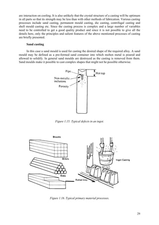 29
are interaction on cooling. It is also unlikely that the crystal structure of a casting will be optimum
in all parts so that its strength may be less than with other methods of fabrication. Various casting
processes include sand casting, permanent mould casting, die casting, centrifugal casting and
shell mould casting etc. Since the casting process is complex and a large number of variables
need to be controlled to get a good quality product and since it is not possible to give all the
details here, only the principles and salient features of the above mentioned processes of casting
are briefly presented.
Sand casting
In this case a sand mould is used for casting the desired shape of the required alloy. A sand
mould may be defined as a pre-formed sand container into which molten metal is poured and
allowed to solidify. In general sand moulds are destroyed as the casting is removed from them.
Sand moulds make it possible to cast complex shapes that might not be possible otherwise.
Figure 1.15: Typical defects in an ingot.
Figure 1.16. Typical primary material processes.
 