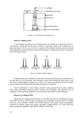 50
Figure 1.35: Electroslag welding process.
Stud arc welding (SAW)
In stud welding, basically an arc welding process, the welding arc is generated between a
metal stud or similar part and the part to which it is ultimately fused by the welding heat so
generated Figure 1.36. In a way it is also a variation of the shielded metal arc process, the stud
representing the electrode. But only the end of the electrode is melted and it becomes a permanent
part of the final assembly.
Figure 1.36: Stud welding sequence.
In operation the stud is retained in a hand held or bench mounted gun and is positioned over
the spot where it is to be attached. Upon initiation, current flows through the stud, which, at the
same time, is lifted slightly, creating an arc. After a very short arcing period, the stud is plunged
into the molten pool created on the base plate, and the gun is withdrawn.
Typical applications of stud welding include securing special lining in tanks, studding
boiler tubes, assembling electrical panels, securing water, hydraulic, and electrical lines to
buildings, vehicles and large appliances, and securing feet and handles to large appliances.
Plasma arc welding (PAW)
The plasma arc welding process provides a very stable heat source for welding most metals
from 0.001 to 0.25 in. (0.02 to 6 mm). This process has advantages over other open arc welding
processes, such as SMAW, GMAW, and GTAW, because it has greater energy concentration,
improved arc stability, higher heat content, and higher welding speeds. As a result, PAW has
greater penetration capabilities than SMAW, GMAW, and GTAW.
 