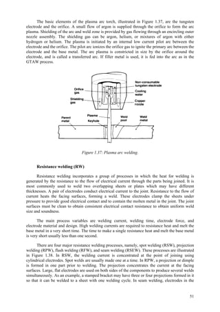 51
The basic elements of the plasma arc torch, illustrated in Figure 1.37, are the tungsten
electrode and the orifice. A small flow of argon is supplied through the orifice to form the arc
plasma. Shielding of the arc and weld zone is provided by gas flowing through an encircling outer
nozzle assembly. The shielding gas can be argon, helium, or mixtures of argon with either
hydrogen or helium. The plasma is initiated by an internal low current pilot arc between the
electrode and the orifice. The pilot arc ionizes the orifice gas to ignite the primary arc between the
electrode and the base metal. The arc plasma is constricted in size by the orifice around the
electrode, and is called a transferred arc. If filler metal is used, it is fed into the arc as in the
GTAW process.
Figure 1.37: Plasma arc welding.
Resistance welding (RW)
Resistance welding incorporates a group of processes in which the heat for welding is
generated by the resistance to the flow of electrical current through the parts being joined. It is
most commonly used to weld two overlapping sheets or plates which may have different
thicknesses. A pair of electrodes conduct electrical current to the joint. Resistance to the flow of
current heats the facing surfaces, forming a weld. These electrodes clamp the sheets under
pressure to provide good electrical contact and to contain the molten metal in the joint. The joint
surfaces must be clean to obtain consistent electrical contact resistance to obtain uniform weld
size and soundness.
The main process variables are welding current, welding time, electrode force, and
electrode material and design. High welding currents are required to resistance heat and melt the
base metal in a very short time. The time to make a single resistance heat and melt the base metal
is very short usually less than one second.
There are four major resistance welding processes, namely, spot welding (RSW), projection
welding (RPW), flash welding (RFW), and seam welding (RSEW). These processes are illustrated
in Figure 1.38. In RSW, the welding current is concentrated at the point of joining using
cylindrical electrodes. Spot welds are usually made one at a time. In RPW, a projection or dimple
is formed in one part prior to welding. The projection concentrates the current at the facing
surfaces. Large, flat electrodes are used on both sides of the components to produce several welds
simultaneously. As an example, a stamped bracket may have three or four projections formed in it
so that it can be welded to a sheet with one welding cycle. In seam welding, electrodes in the
 