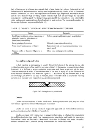 57
lack of fusion can be of three types namely lack of side fusion, lack of root fusion and lack of
inter-run fusion. The defect results mainly from the presence of slag, oxides, scale, or other non-
metallic substances, too low a welding current or incorrect edge preparation. Incomplete fusion
can also arise from too high a welding current when the high melt rate encourages the welder to
use excessive welding speed. The defect reduces considerably the strength of a joint subjected to
static loading, and under cyclic or shock loading it is quite serious. The causes and remedies for
incomplete fusion are summarized in Table 1.5.
TABLE 1.5: COMMON CAUSES AND REMEDIES OF INCOMPLETE FUSION
Causes Remedies
Insufficient heat input, wrong type or size of
electrode, improper joint design, or
inadequate gas shielding
Follow correct welding procedure specification
Incorrect electrode position Maintain proper electrode position
Weld metal running ahead of the arc Reposition work, lower current, or increase weld
travel speed
Trapped oxides or slag on weld groove or
weld face
Clean weld surface prior to welding
Incomplete root penetration
In butt welding, a root opening is usually left at the bottom of the groove (in one-side
welding) or at the centre of the weld (in two-side welding). If the opening between the two plates
is narrow, it is difficult to achieve complete penetration and fusion at the root of the weld.
Therefore there can be a lack of fusion in the root of the weld or a gap left by the failure of the
weld metal to fill the root of a butt weld Figure 1.42. It is caused by the electrode held at an
incorrect angle, an electrode too large in diameter, a rate of travel too fast, an insufficient welding
current, or an improper joint preparation (e.g. joint misalignment).
Figure 1.42: Incomplete root penetration.
Cracks
Cracks are linear ruptures of metal under stress. Although sometimes wide, they are often
very narrow separations in the weld or adjacent base metal.
Cracks can occur in a wide variety of shapes and types and can be located in numerous
positions in and around a welded joint Figure 1.43.
Cracks associated with welding may be categorized according to whether they originate in
the weld itself or in the base metal. Four types commonly occur in the weld metal, i.e. transverse,
longitudinal, crater and hat cracks. Base-metal cracks can be divided into seven categories,
namely, transverse cracks, lamellar tearing, delaminations and fusion-line cracks.
 