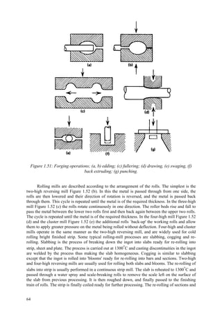 64
Figure 1.51: Forging operations; (a, b) edding; (c) fullering; (d) drawing, (e) swaging, (f)
back extruding; (g) punching.
Rolling mills are described according to the arrangement of the rolls. The simplest is the
two-high reversing mill Figure 1.52 (b). In this the metal is passed through from one side, the
rolls are then lowered and their direction of rotation is reversed, and the metal is passed back
through them. This cycle is repeated until the metal is of the required thickness. In the three-high
mill Figure 1.52 (c) the rolls rotate continuously in one direction. The roller beds rise and fall to
pass the metal between the lower two rolls first and then back again between the upper two rolls.
The cycle is repeated until the metal is of the required thickness. In the four-high mill Figure 1.52
(d) and the cluster mill Figure 1.52 (e) the additional rolls `back-up' the working rolls and allow
them to apply greater pressure on the metal being rolled without deflection. Four-high and cluster
mills operate in the same manner as the two-high reversing mill, and are widely used for cold
rolling bright finished strip. Some typical rolling-mill processes are slabbing, cogging and re-
rolling. Slabbing is the process of breaking down the ingot into slabs ready for re-rolling into
strip, sheet and plate. The process is carried out at 1300°C and casting discontinuities in the ingot
are welded by the process thus making the slab homogeneous. Cogging is similar to slabbing
except that the ingot is rolled into 'blooms' ready for re-rolling into bars and sections. Two-high
and four-high reversing mills are usually used for rolling both slabs and blooms. The re-rolling of
slabs into strip is usually performed in a continuous strip mill. The slab is reheated to 1300°C and
passed through a water spray and scale-breaking rolls to remove the scale left on the surface of
the slab from previous processing. It is then roughed down, and finally passed to the finishing
train of rolls. The strip is finally coiled ready for further processing. The re-rolling of sections and
 