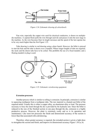 66
Figure 1.54: Schematic drawing of a drawbench.
Fine wire, especially the copper wire used for electrical conductors, is drawn on multiple-
die machines. A capstan block pulls the wire through each die and passes it onto the next stage in
the machine. As the wire becomes finer its length increases and the speed of the last capstan has
to be very much higher than the first Figure 1.55.
Tube drawing is similar to rod drawing using a draw bench. However, the billet is pierced
to start the hole and the tube is drawn over a mandrel. Where longer lengths of tube are required,
the stock and the drawn tube have to be coiled. This prohibits the use of a fixed mandrel, and a
floating mandrel or plug is used.
Figure 1.55: Schematic wiredrawing equipment.
Extrusion processes
Another process which is similar to rolling is extrusion. In principle, extrusion is similar
to squeezing toothpaste from a toothpaste tube. The raw material is a heated cast billet of the
required metal. Usually this is either a copper alloy, an aluminium alloy or lead. The pressure
necessary to force the metal through the die is provided by the hydraulic ram. Since the billet is
reduced to the size of the finished section in one pass through the die, extrusion is a highly
productive process. However, the plant is extremely costly and so is its operation and
maintenance. Like most hot processes the finish and dimensional accuracy of the section is
lower than that associated with cold drawing.
Therefore, where greater accuracy is required, the extruded section is given a light draw
to strengthen the section and finish, and improve its dimensional accuracy Figure 1.56 (a, b).
 