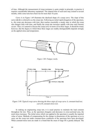 84
of time. Although the measurement of creep resistance is quite simple in principle, in practice it
requires considerable laboratory equipment. The elapsed time of such tests may extend to several
months, while some tests have been run for more than 10 years.
Curve A in Figure 1.69 illustrates the idealized shape of a creep curve. The slope of this
curve (dε/dt) is referred to as the creep rate. Following an initial rapid elongation of the specimen,
εo, the creep rate decreases with time, then reaches essentially a steady state in which the creep
rate changes little with time, and finally the creep rate increases rapidly with time until fracture
occurs. Thus, it is natural to discuss the creep curve in terms of its three stages. It should be noted,
however, that the degree to which these three stages are readily distinguishable depends strongly
on the applied stress and temperature.
Figure 1.68: Fatigue cracks.
Figure 1.69: Typical creep curve showing the three steps of creep curve A, constant-load test;
curve B, constant-stress test.
In making an engineering creep test, it is usual practice to maintain the load constant
throughout the test. Thus, as the specimen elongates and decreases in cross-sectional area, the
axial stress increases. The initial stress which was applied to the specimen is usually the reported
value of stress. Methods of compensating for the change in dimensions of the specimen so as to
carry out the creep test under constant-stress conditions of the specimen have been developed.
When constant-stress tests are made it is found that the onset of stage III is greatly delayed. The
 