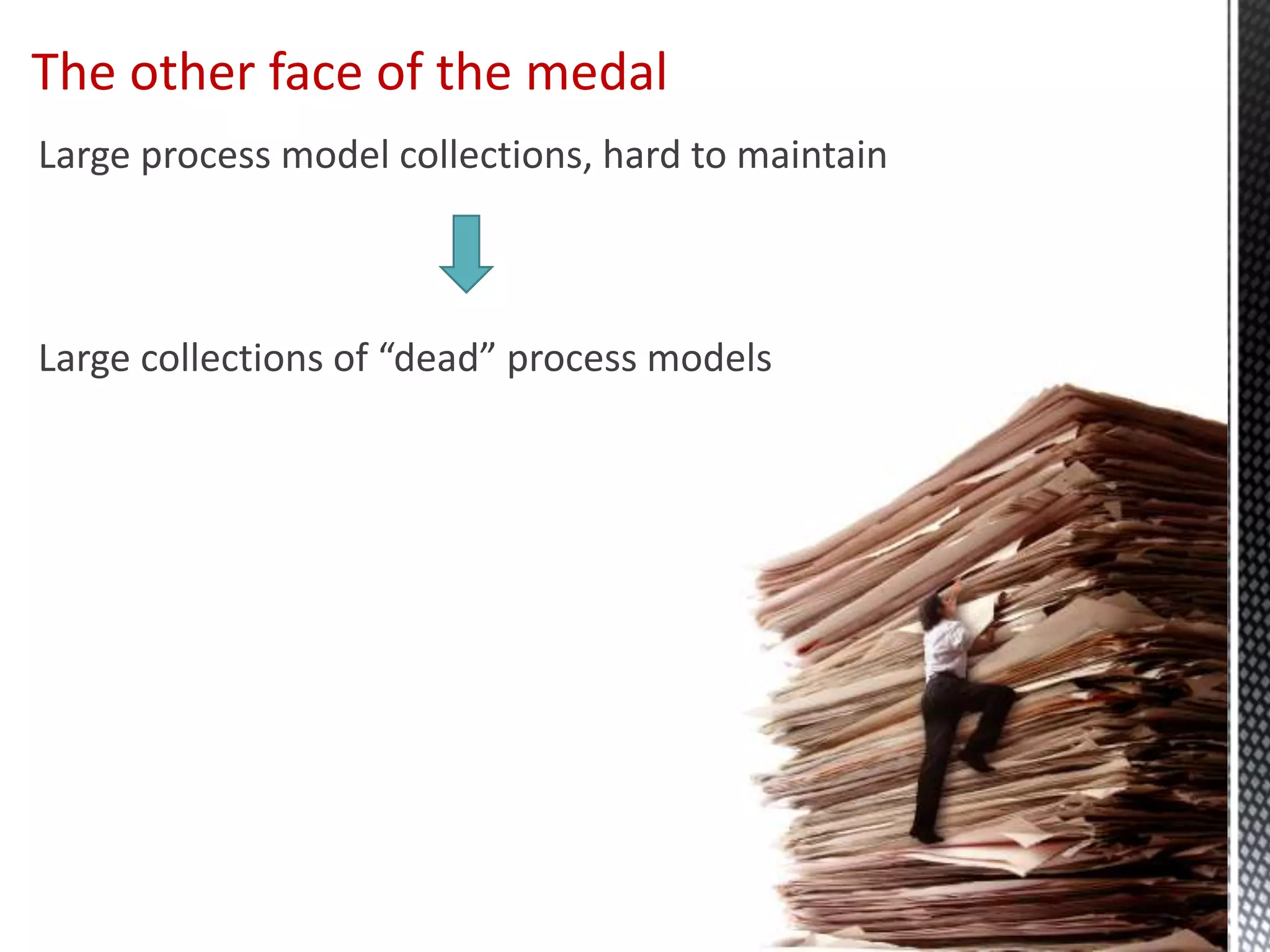 Large process model collections, hard to maintain
Large collections of “dead” process models
The other face of the medal
 