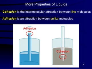 More Properties of Liquids Cohesion  is the intermolecular attraction between  like  molecules Adhesion  is an attraction between  unlike  molecules Adhesion Cohesion 