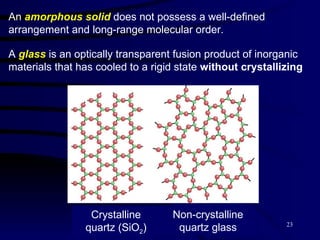 An  amorphous   solid  does not possess a well-defined arrangement and long-range molecular order. A  glass  is an optically transparent fusion product of inorganic materials that has cooled to a rigid state  without crystallizing Crystalline quartz (SiO 2 ) Non-crystalline quartz glass 