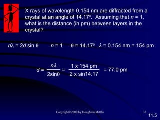 X rays of wavelength 0.154 nm are diffracted from a crystal at an angle of 14.17 0 .  Assuming that  n  = 1, what is the distance (in pm) between layers in the crystal? n   = 2 d  sin   n  = 1    = 14.17 0    = 0.154 nm = 154 pm d  = = 77.0 pm 11.5 n  2sin  = 1 x 154 pm 2 x sin14.17 