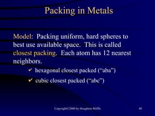 Packing in Metals Model :  Packing uniform, hard spheres to best use available space.  This is called  closest packing .  Each atom has 12 nearest neighbors. hexagonal closest packed (“aba”) cubic closest packed (“abc”) 