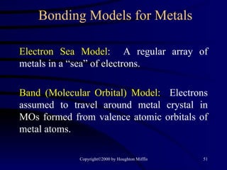 Bonding Models for Metals Electron Sea Model :  A regular array of metals in a “sea” of electrons. Band (Molecular Orbital) Model:   Electrons assumed to travel around metal crystal in MOs formed from valence atomic orbitals of metal atoms. 