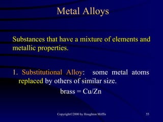 Metal Alloys 1.  Substitutional Alloy :  some metal atoms  replaced  by others of similar size. brass = Cu/Zn Substances that have a mixture of elements and metallic properties. 