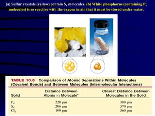 (a) Sulfur crystals (yellow) contain S 8  molecules.   (b) White phosphorus (containing P 4  molecules) is so reactive with the oxygen in air that it must be stored under water. 