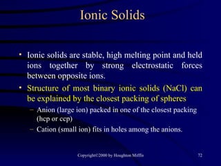 Ionic Solids Ionic solids are stable, high melting point and held ions together by strong electrostatic forces between opposite ions. Structure of most binary ionic solids (NaCl) can be explained by the closest packing of spheres Anion (large ion) packed in one of the closest packing (hcp or ccp) Cation (small ion) fits in holes among the anions. 