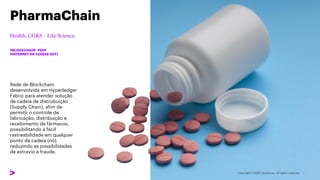 Rede de Blockchain
desenvolvida em Hyperledger
Fabric para atender solução
de cadeia de distrubuição
(Supply Chain), afim de
permitir o controle de
fabricação, distribuição e
recebimento de fármacos,
possibilitando a fácil
rastreabilidade em qualquer
ponto da cadeia (nó),
reduzindo as possibilidades
de extravio e fraude.
PharmaChain
#BLOCKCHAIN #SAP
#INTERNET DA COISAS (IOT)
 