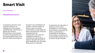 O assistente Life tem como
proposta melhorar as
relações de comunicação,
possibilitando transformar a
gestão da indústria
farmacêutica, promovendo
aumento da transparência e
da produtividade, bem como
gerando dados estratégicos.
Smart Visit
#INTELIGÊNCIA ARTIFICIAL (IA)
Atuando como facilitador de
vendas, o wizard analisa os
dados e gera um painel,
aumentando a quantidade de
dados extraídos das visitas do
representante do
medicamento por meio de
inteligência artificial, o
assistente de vida analisa um
registro de áudio de fundo e
gera resultados que não estão
disponíveis no mercado.
O assistente de vida reduz a
distância entre o setor
estratégico e a informação,
promovendo a aquisição de
dados, aumentando a
quantidade de feedback e
promovendo o aumento da
produtividade através de um
processo de gamificação.
 