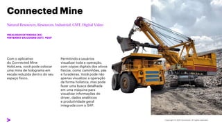 Com o aplicativo
do Connected Mine
HoloLens, você pode colocar
uma mina de holograma em
escala reduzida dentro do seu
espaço físico.
Connected Mine
#REALIDADE EXTENDIDA (XR)
#INTERNET DA COISAS (IOT) #SAP
Permitindo a usuários
visualizar toda a operação,
com cópias digitais dos ativos
físicos, como caminhões, pás
e furadeiras. Você pode não
apenas visualizar a operação
de forma holística, mas pode
fazer uma busca detalhada
em uma máquina para
visualizar informações do
driver, dados analíticos
e produtividade geral
integrada com o SAP.
 