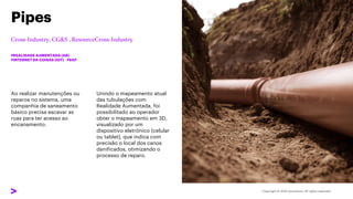 Ao realizar manutenções ou
reparos no sistema, uma
companhia de saneamento
básico precisa escavar as
ruas para ter acesso ao
encanamento.
Pipes
#REALIDADE AUMENTADA (AR)
#INTERNET DA COISAS (IOT) #SAP
Unindo o mapeamento atual
das tubulações com
Realidade Aumentada, foi
possibilitado ao operador
obter o mapeamento em 3D,
visualizado por um
dispositivo eletrônico (celular
ou tablet), que indica com
precisão o local dos canos
danificados, otimizando o
processo de reparo.
 