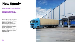 #INTELIGÊNCIA ARTIFICIAL (IA)
#INTERNET DA COISAS (IOT) #SAP
O New Supply é um sistema
de otimização de logística
dentro de pátios de
transportadoras, onde os
sistemas tradicionais eram
analógicos e demandavam
muito esforço para
coordenação dos caminhões
para carga e descarga de
mercadorias.
New Supply
 