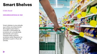 #INTELIGÊNCIA ARTIFICIAL (IA) #SAP
Smart shelves é uma solução
que utiliza reconhecimento
de imagens para fazer o
controle e otimização de
produtos em uma gôndola,
permitindo com que o
varejista saiba quantos
produtos estão dispostos na
gôndola e qual é o fluxo de
vendas.
Smart Shelves
 