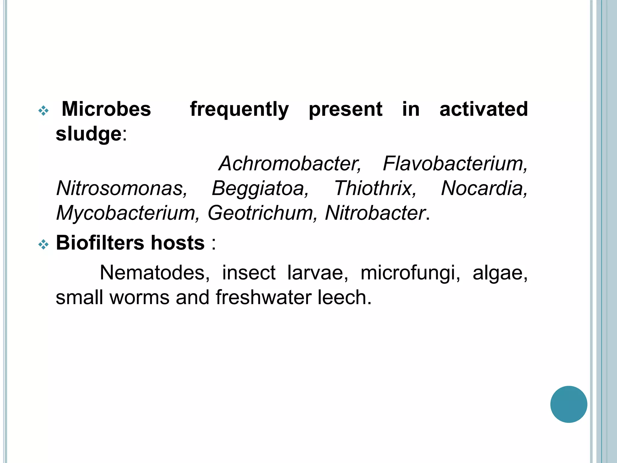  Microbes frequently present in activated
sludge:
Achromobacter, Flavobacterium,
Nitrosomonas, Beggiatoa, Thiothrix, Nocardia,
Mycobacterium, Geotrichum, Nitrobacter.
 Biofilters hosts :
Nematodes, insect larvae, microfungi, algae,
small worms and freshwater leech.
 