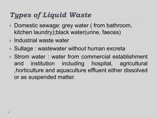 Types of Liquid Waste
 Domestic sewage: grey water ( from bathroom,
kitchen laundry);black water(urine, faeces)
 Industrial waste water
 Sullage : wastewater without human excreta
 Strom water : water from commercial establishment
and institution including hospital, agricultural
,horticulture and aquaculture effluent either dissolved
or as suspended matter.
 