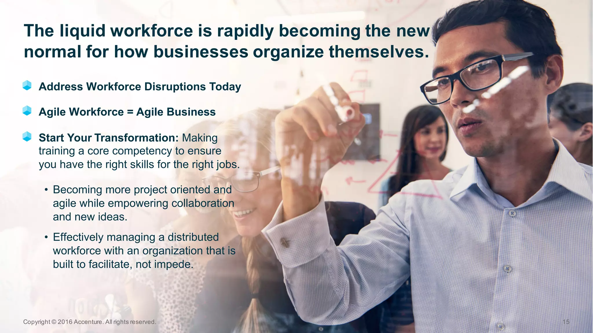 Address  Workforce  Disruptions  Today
Agile  Workforce  =  Agile  Business
Start  Your  Transformation:  Making  
training  a  core  competency  to  ensure  
you  have  the  right  skills  for  the  right  jobs.
• Becoming  more  project  oriented  and  
agile  while  empowering  collaboration  
and  new  ideas.    
• Effectively  managing  a  distributed  
workforce  with  an  organization  that  is  
built  to  facilitate,  not  impede.
The  liquid  workforce  is  rapidly  becoming  the  new  
normal  for  how  businesses  organize  themselves.
Copyright  ©  2016  Accenture.  All  rights  reserved. 15
 