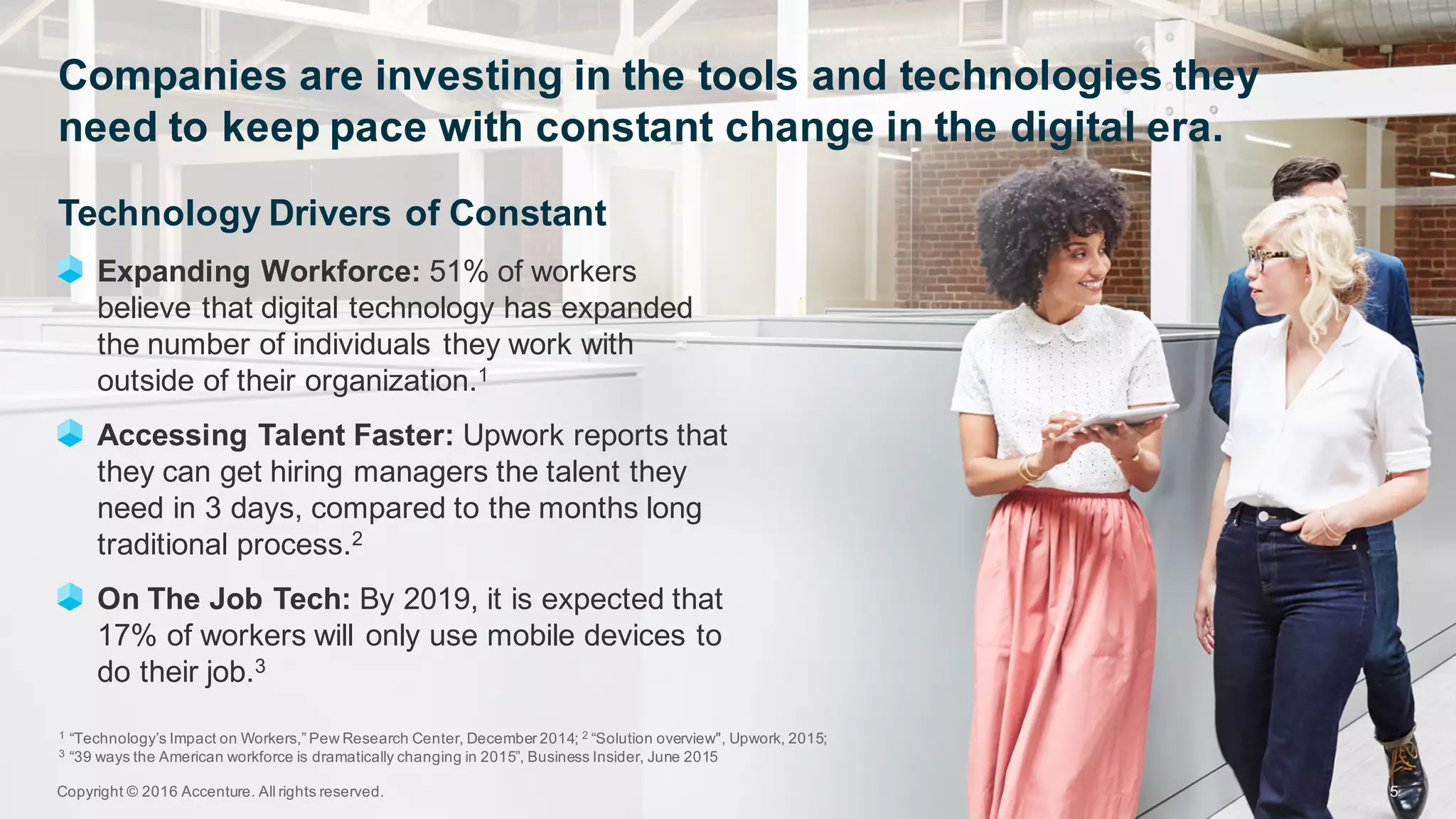 Technology  Drivers  of  Constant
Expanding  Workforce:  51%  of  workers  
believe  that  digital  technology  has  expanded  
the  number  of  individuals  they  work  with  
outside  of  their  organization.1
Accessing  Talent  Faster:  Upwork  reports  that  
they  can  get  hiring  managers  the  talent  they  
need  in  3  days,  compared  to  the  months  long  
traditional  process.2  
On  The  Job  Tech:  By  2019,  it  is  expected  that  
17%  of  workers  will  only  use  mobile  devices  to  
do  their  job.3
Companies  are  investing  in  the  tools  and  technologies  they  
need  to  keep  pace  with  constant  change  in  the  digital  era.  
Copyright  ©  2016  Accenture.  All  rights  reserved. 5
1 “Technology’s  Impact  on  Workers,”  Pew  Research  Center,  December  2014;;  2 “Solution  overview",  Upwork,  2015;;  
3 “39  ways  the  American  workforce  is  dramatically  changing  in  2015”,  Business  Insider,  June  2015  
 