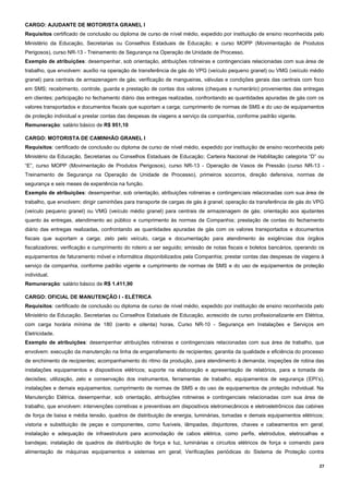 27
CARGO: AJUDANTE DE MOTORISTA GRANEL I
Requisitos certificado de conclusão ou diploma de curso de nível médio, expedido por instituição de ensino reconhecida pelo
Ministério da Educação, Secretarias ou Conselhos Estaduais de Educação; e curso MOPP (Movimentação de Produtos
Perigosos), curso NR-13 - Treinamento de Segurança na Operação de Unidade de Processo.
Exemplo de atribuições: desempenhar, sob orientação, atribuições rotineiras e contingenciais relacionadas com sua área de
trabalho, que envolvem: auxílio na operação de transferência de gás do VPG (veículo pequeno granel) ou VMG (veículo médio
granel) para centrais de armazenagem de gás; verificação de mangueiras, válvulas e condições gerais das centrais com foco
em SMS; recebimento, controle, guarda e prestação de contas dos valores (cheques e numerário) provenientes das entregas
em clientes; participação no fechamento diário das entregas realizadas, confrontando as quantidades apuradas de gás com os
valores transportados e documentos fiscais que suportam a carga; cumprimento de normas de SMS e do uso de equipamentos
de proteção individual e prestar contas das despesas de viagens a serviço da companhia, conforme padrão vigente.
Remuneração: salário básico de R$ 951,10
CARGO: MOTORISTA DE CAMINHÃO GRANEL I
Requisitos: certificado de conclusão ou diploma de curso de nível médio, expedido por instituição de ensino reconhecida pelo
Ministério da Educação, Secretarias ou Conselhos Estaduais de Educação; Carteira Nacional de Habilitação categoria “D” ou
“E”, curso MOPP (Movimentação de Produtos Perigosos), curso NR-13 - Operação de Vasos de Pressão (curso NR-13 -
Treinamento de Segurança na Operação de Unidade de Processo), primeiros socorros, direção defensiva, normas de
segurança e seis meses de experiência na função.
Exemplo de atribuições: desempenhar, sob orientação, atribuições rotineiras e contingenciais relacionadas com sua área de
trabalho, que envolvem: dirigir caminhões para transporte de cargas de gás à granel; operação da transferência de gás do VPG
(veículo pequeno granel) ou VMG (veículo médio granel) para centrais de armazenagem de gás; orientação aos ajudantes
quanto às entregas, atendimento ao público e cumprimento às normas da Companhia; prestação de contas do fechamento
diário das entregas realizadas, confrontando as quantidades apuradas de gás com os valores transportados e documentos
fiscais que suportam a carga; zelo pelo veículo, carga e documentação para atendimento às exigências dos órgãos
fiscalizadores; verificação e cumprimento do roteiro a ser seguido; emissão de notas fiscais e boletos bancários, operando os
equipamentos de faturamento móvel e informática disponibilizados pela Companhia; prestar contas das despesas de viagens à
serviço da companhia, conforme padrão vigente e cumprimento de normas de SMS e do uso de equipamentos de proteção
individual.
Remuneração: salário básico de R$ 1.411,90
CARGO: OFICIAL DE MANUTENÇÃO I - ELÉTRICA
Requisitos: certificado de conclusão ou diploma de curso de nível médio, expedido por instituição de ensino reconhecida pelo
Ministério da Educação, Secretarias ou Conselhos Estaduais de Educação, acrescido de curso profissionalizante em Elétrica,
com carga horária mínima de 180 (cento e oitenta) horas, Curso NR-10 - Segurança em Instalações e Serviços em
Eletricidade.
Exemplo de atribuições: desempenhar atribuições rotineiras e contingenciais relacionadas com sua área de trabalho, que
envolvem: execução da manutenção na linha de engarrafamento de recipientes; garantia da qualidade e eficiência do processo
de enchimento de recipientes; acompanhamento do ritmo da produção, para atendimento à demanda; inspeções de rotina das
instalações equipamentos e dispositivos elétricos; suporte na elaboração e apresentação de relatórios, para a tomada de
decisões; utilização, zelo e conservação dos instrumentos, ferramentas de trabalho, equipamentos de segurança (EPI’s),
instalações e demais equipamentos; cumprimento de normas de SMS e do uso de equipamentos de proteção individual. Na
Manutenção Elétrica, desempenhar, sob orientação, atribuições rotineiras e contingenciais relacionadas com sua área de
trabalho, que envolvem: intervenções corretivas e preventivas em dispositivos eletromecânicos e eletroeletrônicos das cabines
de força de baixa e média tensão, quadros de distribuição de energia, luminárias, tomadas e demais equipamentos elétricos;
vistoria e substituição de peças e componentes, como fusíveis, lâmpadas, disjuntores, chaves e cabeamentos em geral;
instalação e adequação de infraestrutura para acomodação de cabos elétrica, como perfis, eletrodutos, eletrocalhas e
bandejas; instalação de quadros de distribuição de força e luz, luminárias e circuitos elétricos de força e comando para
alimentação de máquinas equipamentos e sistemas em geral; Verificações periódicas do Sistema de Proteção contra
 
